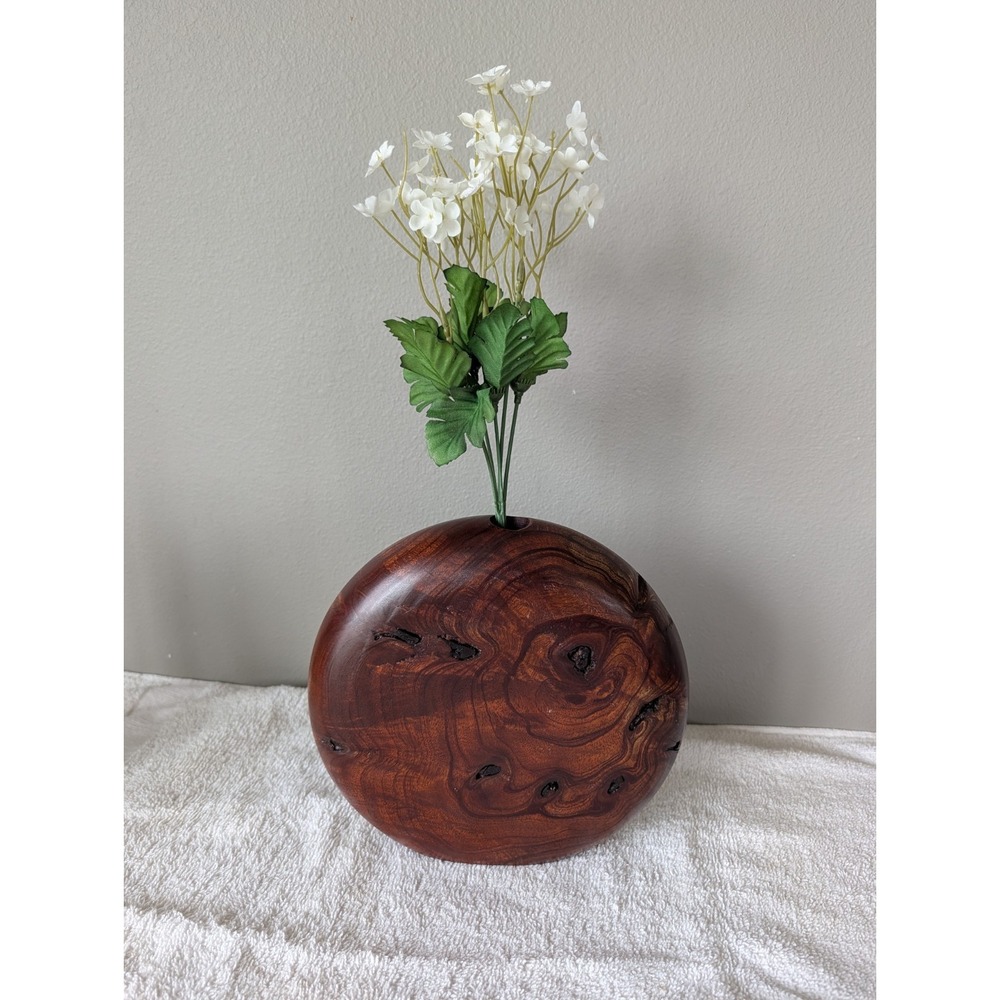 Vintage Turned Hand Carved Oval Round Burl Wood Vase Signed Craig Lossing Rare